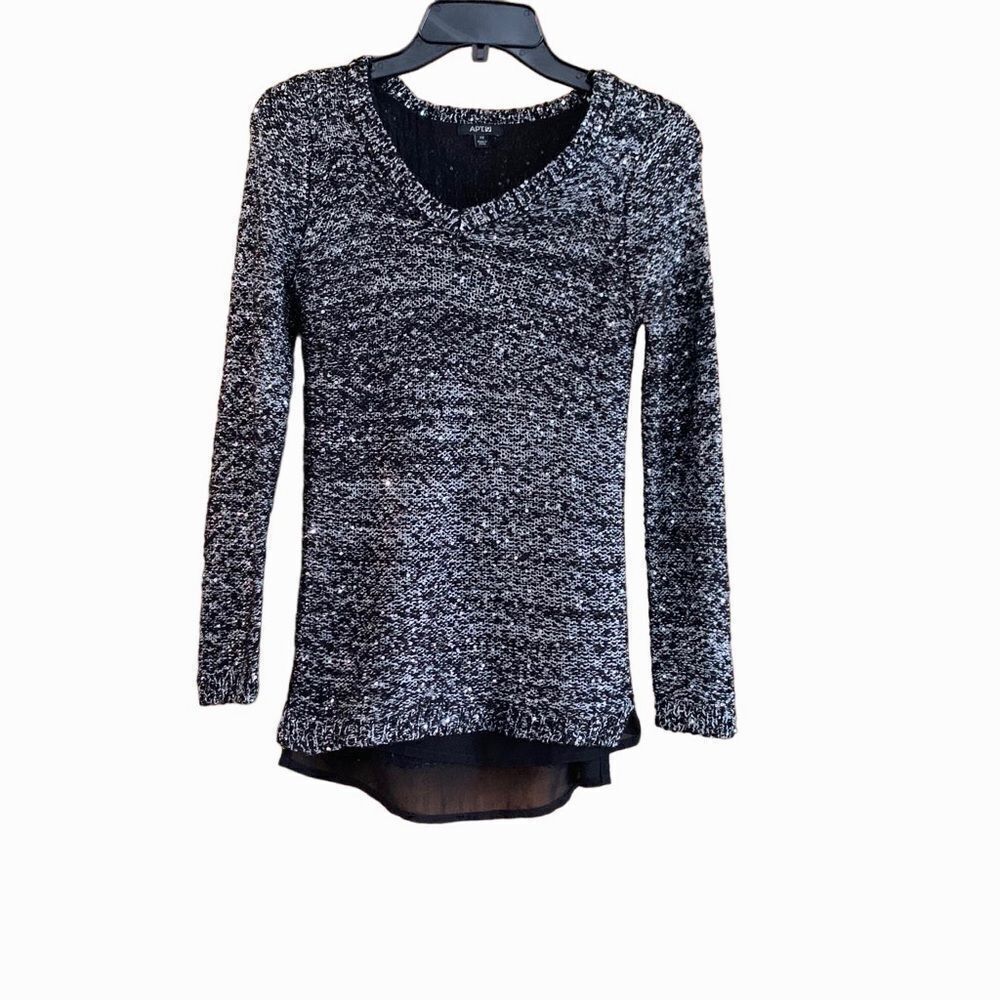 Apt 9 Black & Silver Sparkle V-Neck Knit Sweater Size XS